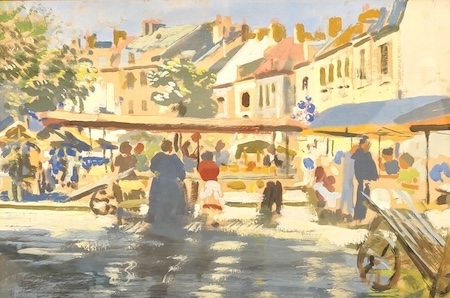 Mary Eastman (1878-1964), Market scene with figures, signed, gouache, 24 x 36cm